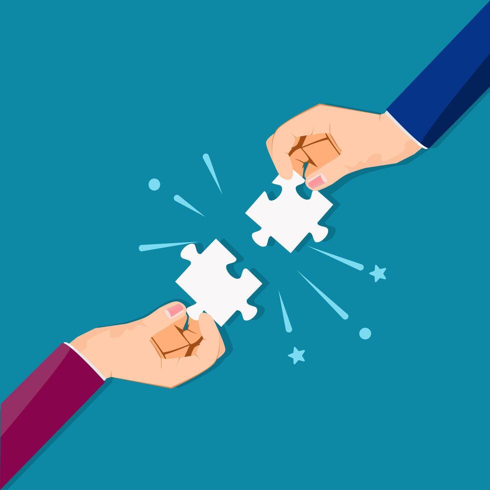 Two businessmen put two matching puzzle pieces together vector