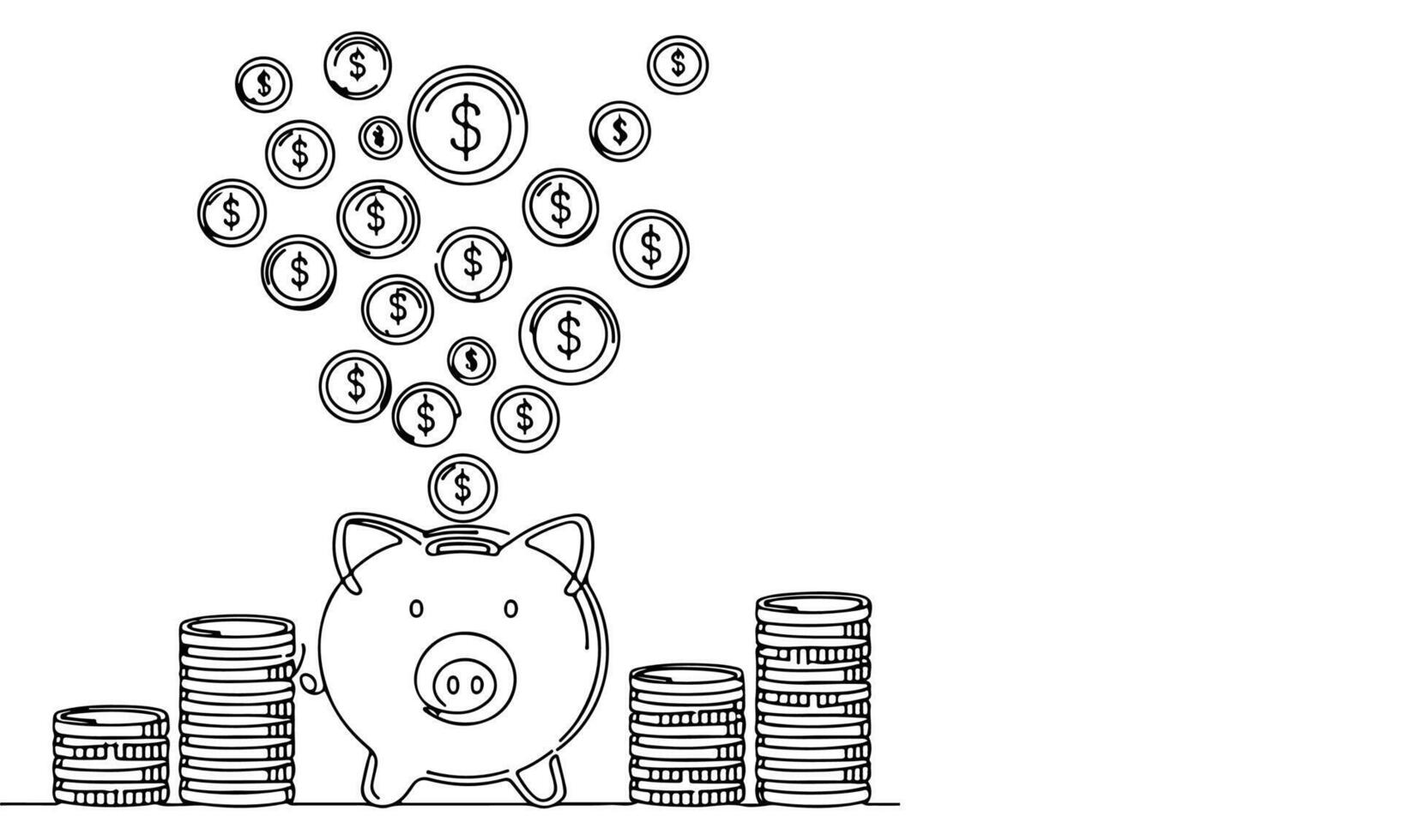 continuous one black line coins falling in Piggy bank doodle style vector illustration on white background