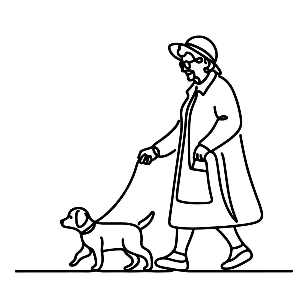 continuous single black linear line sketch drawing old woman walking with puppy dog doodle vector illustration on white