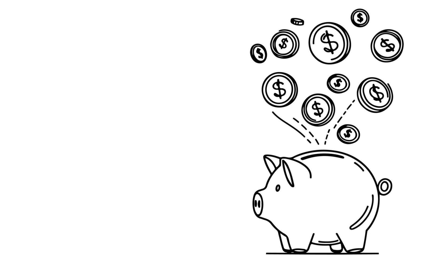 continuous one black line coins falling in Piggy bank doodle style vector illustration on white background