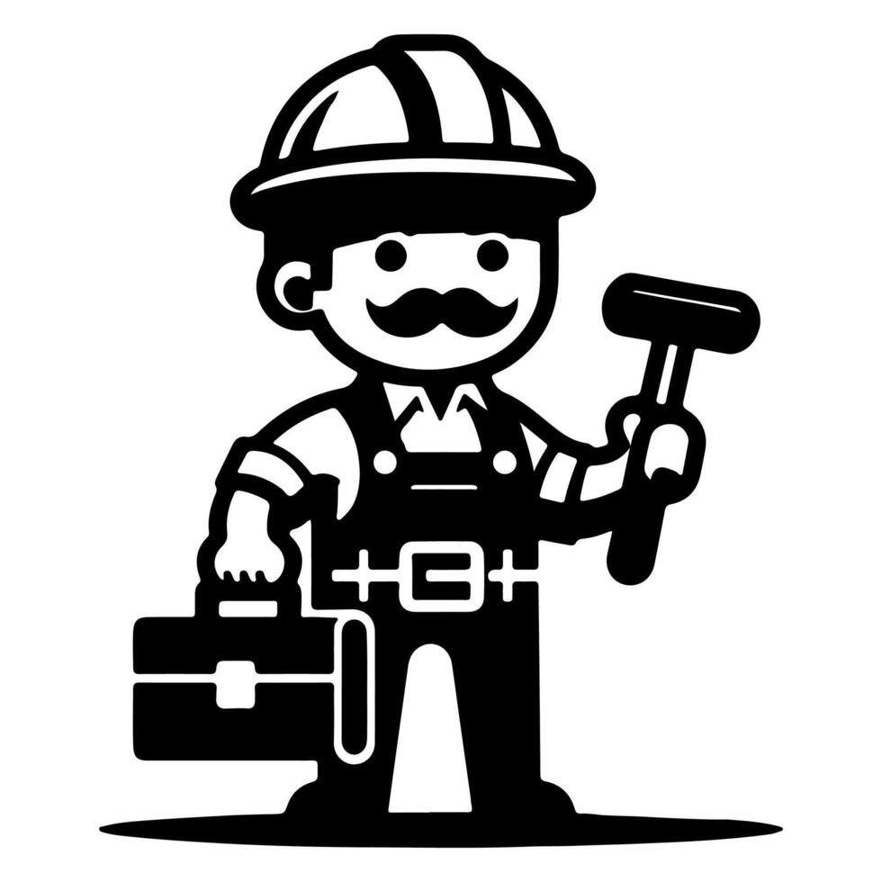 ai generado sencillo trabajador hombre dibujos animados con herramienta, constructor construcción logo monocromo icono negro silueta diseño estilo vector ilustración internacional labor día concepto