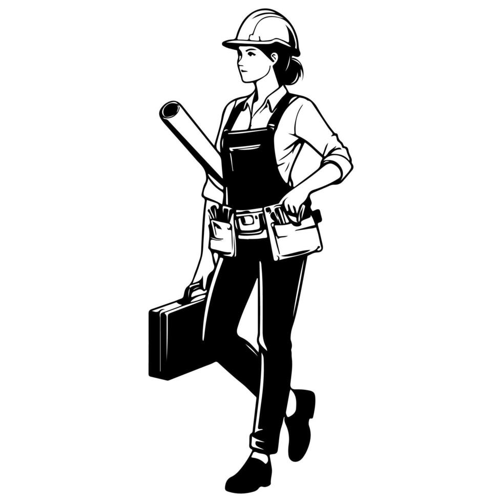 AI generated Simple worker woman cartoon with tool, builder Construction Logo Monochrome icon black silhouette design Style Vector illustration International Labor Day concept