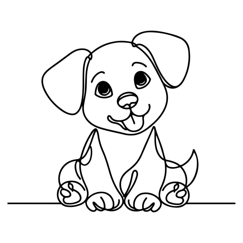 hand draw line art cute puppy dog doodle, continuous single clean drawing line dog cartoon style coloring book page for kid vector illustration on white background