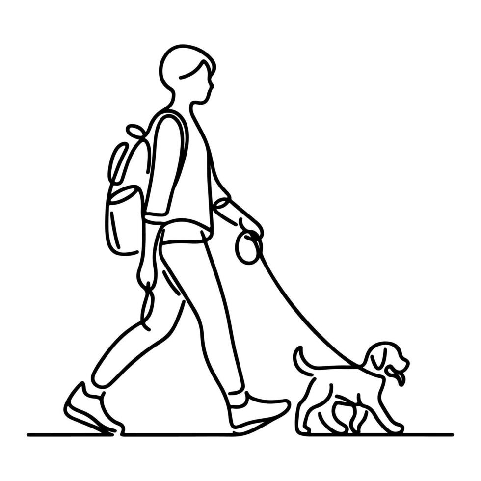 continuous single black linear line sketch drawing person walking with puppy dog doodle vector illustration on white