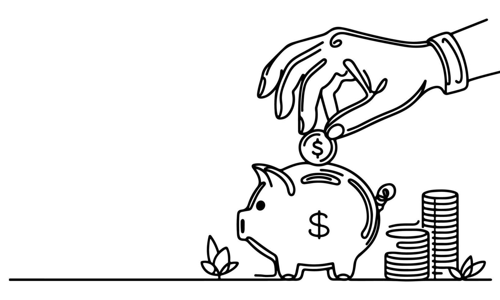 continuous one black line hand putting coins falling in Piggy bank doodle style vector illustration on white background