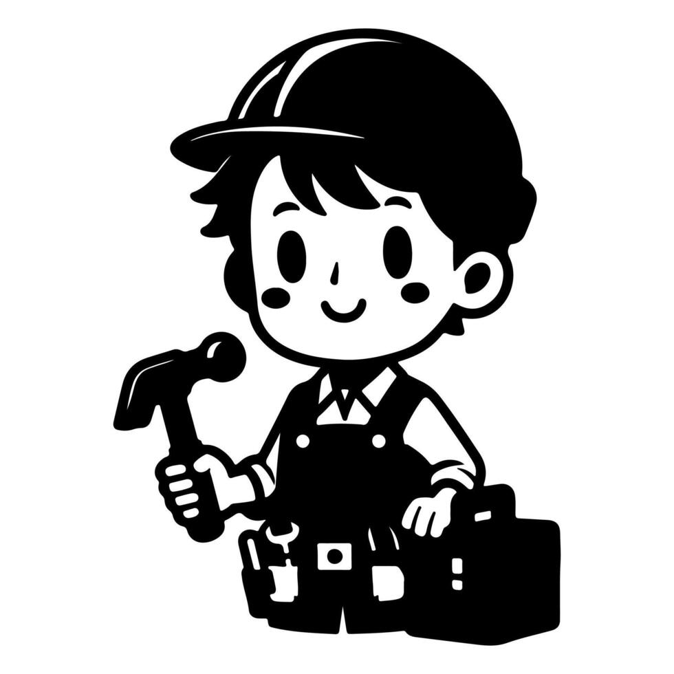 ai generado sencillo trabajador hombre dibujos animados con herramienta, constructor construcción logo monocromo icono negro silueta diseño estilo vector ilustración internacional labor día concepto