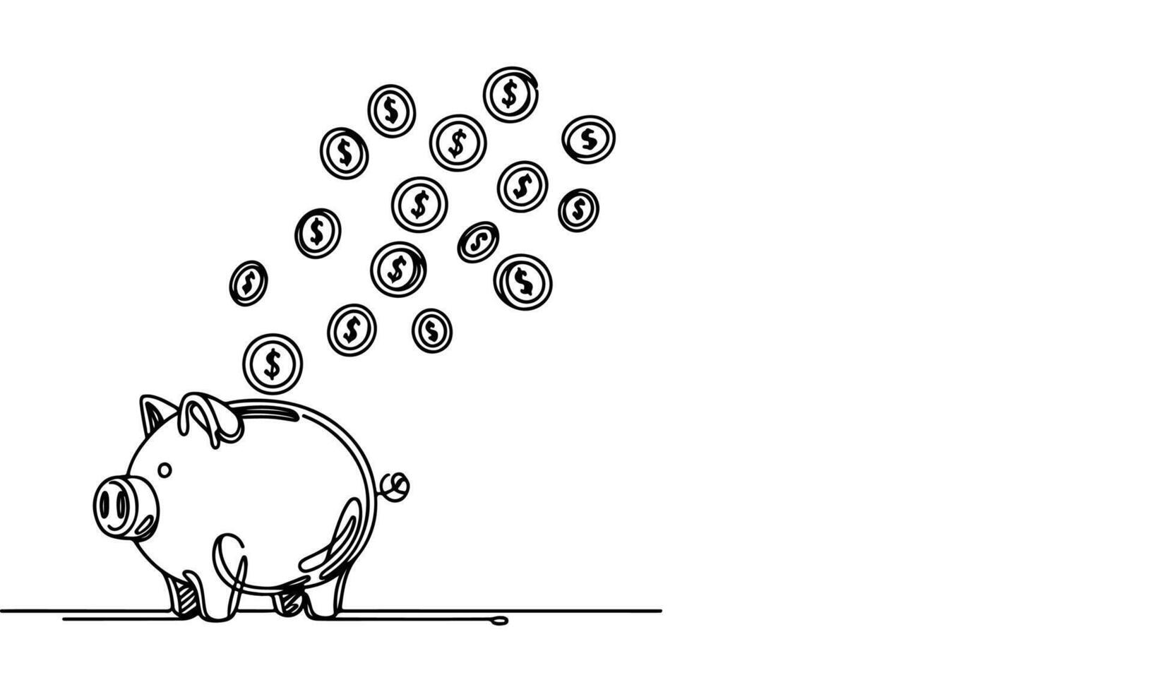 continuous one black line coins falling in Piggy bank doodle style vector illustration on white background
