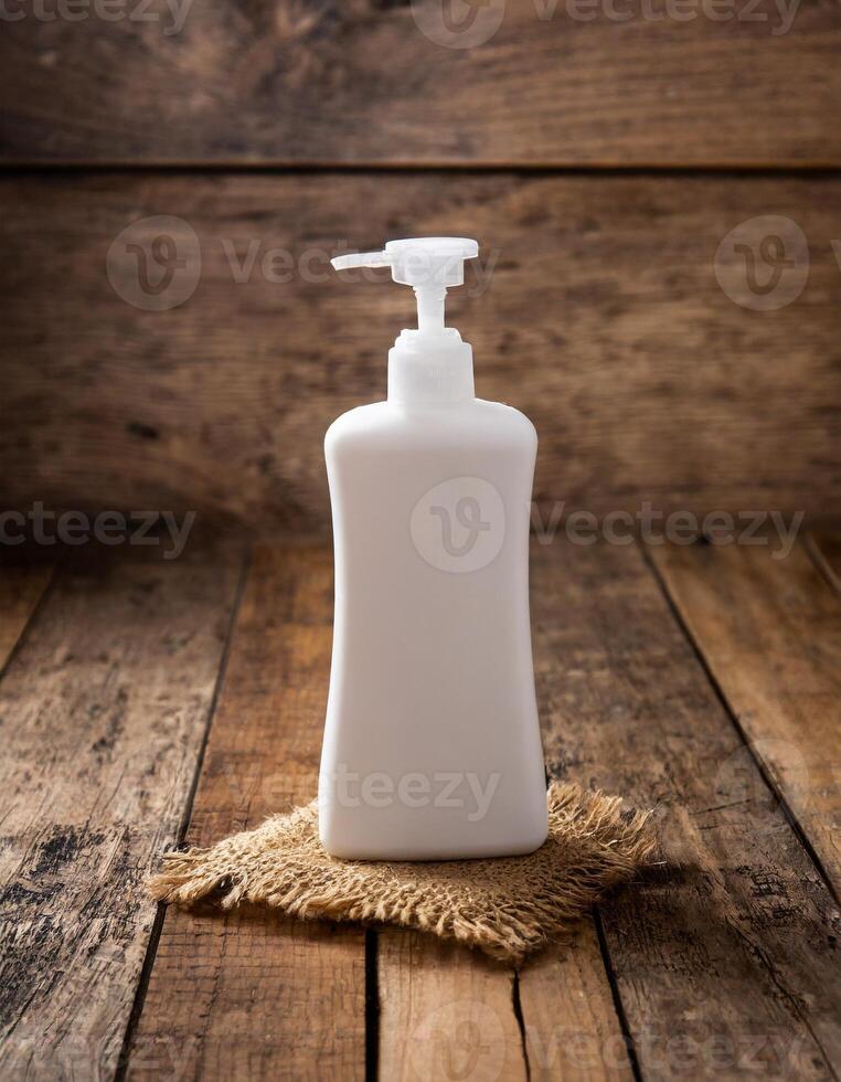 AI generated Blank Soap Bottle mockup on Wood Background photo