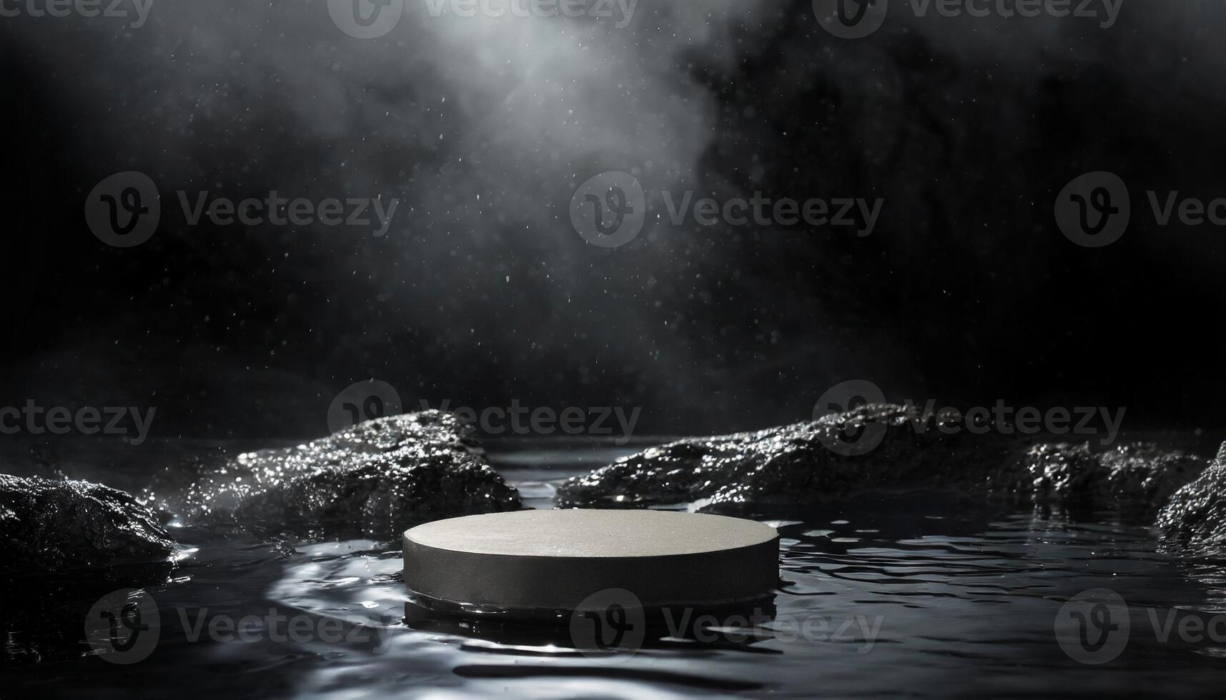 AI generated podium mockup in the water with black background and fog photo