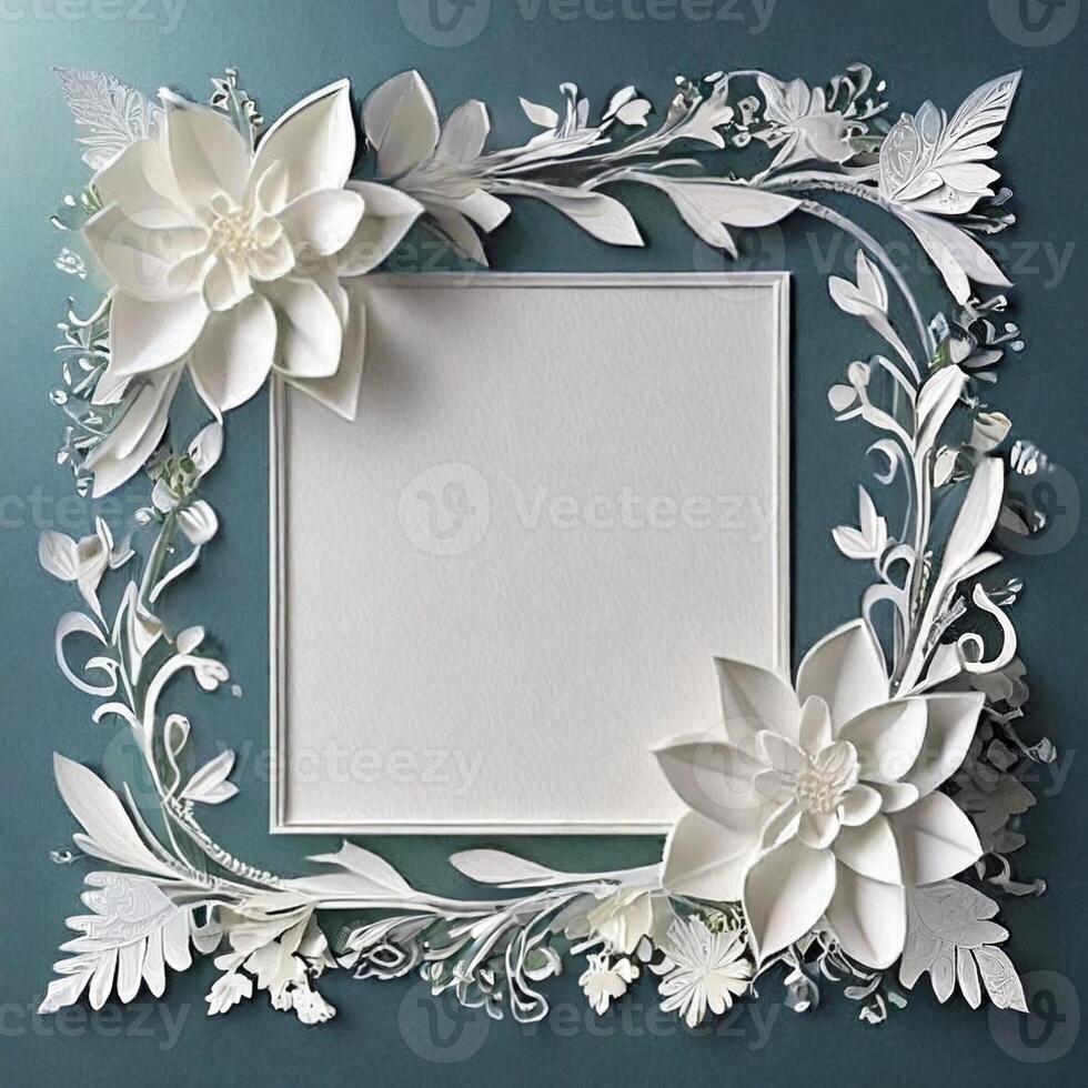 AI generated Floral Wedding Invitation flat lay mockup, blank frame with flower template photo