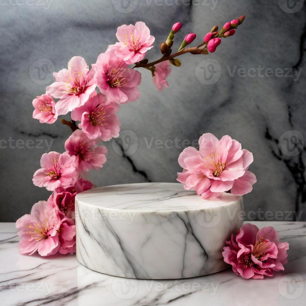 AI generated marble podium mockup surrounded by flowers photo