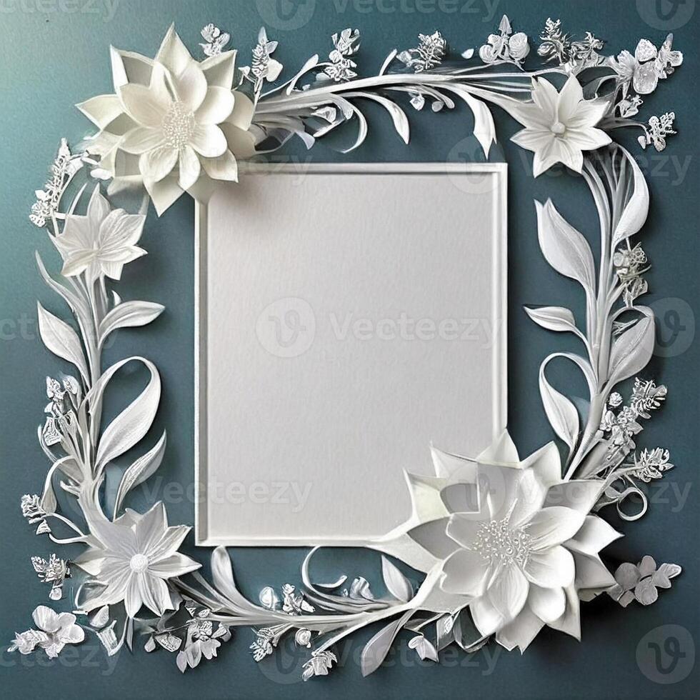 AI generated Floral Wedding Invitation flat lay mockup, blank frame with flower template photo