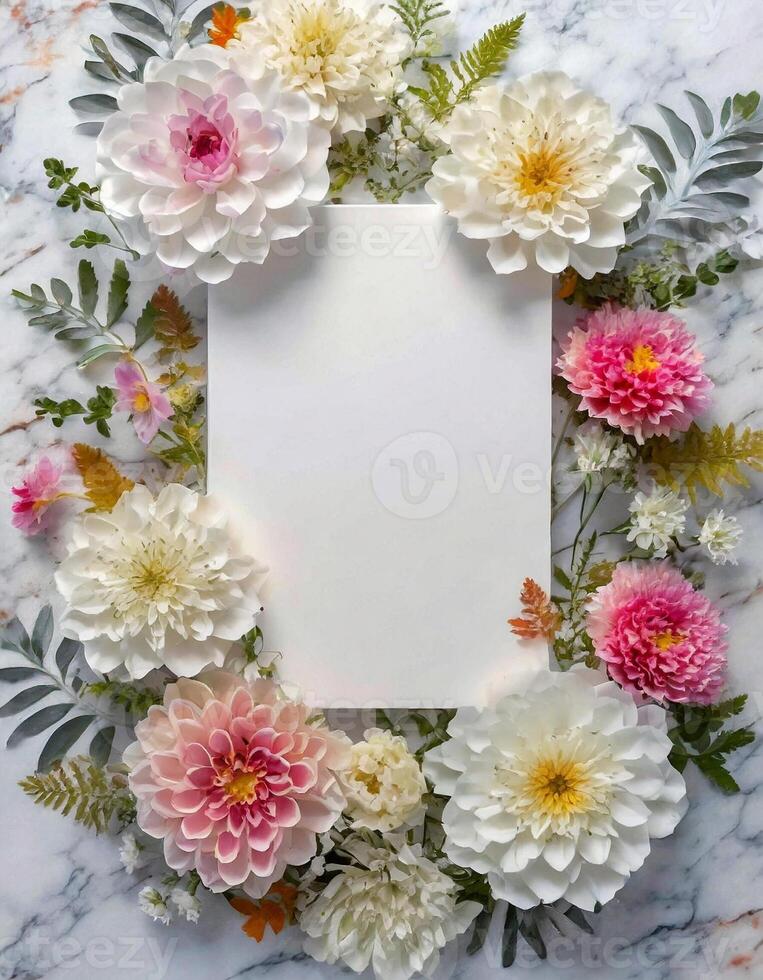 AI generated Floral Wedding Invitation card mockup, flat lay empty frame, blank paper with floral photo