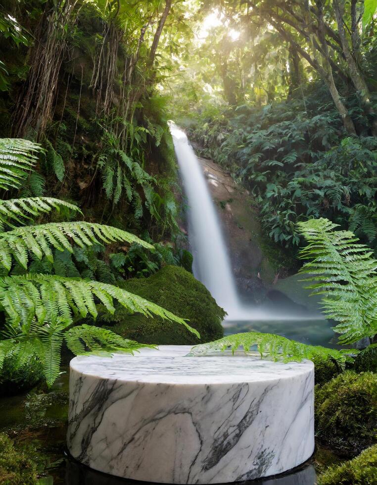 AI generated close-up shot of podium mockup marble in the green of rainforest with fern and waterfall photo