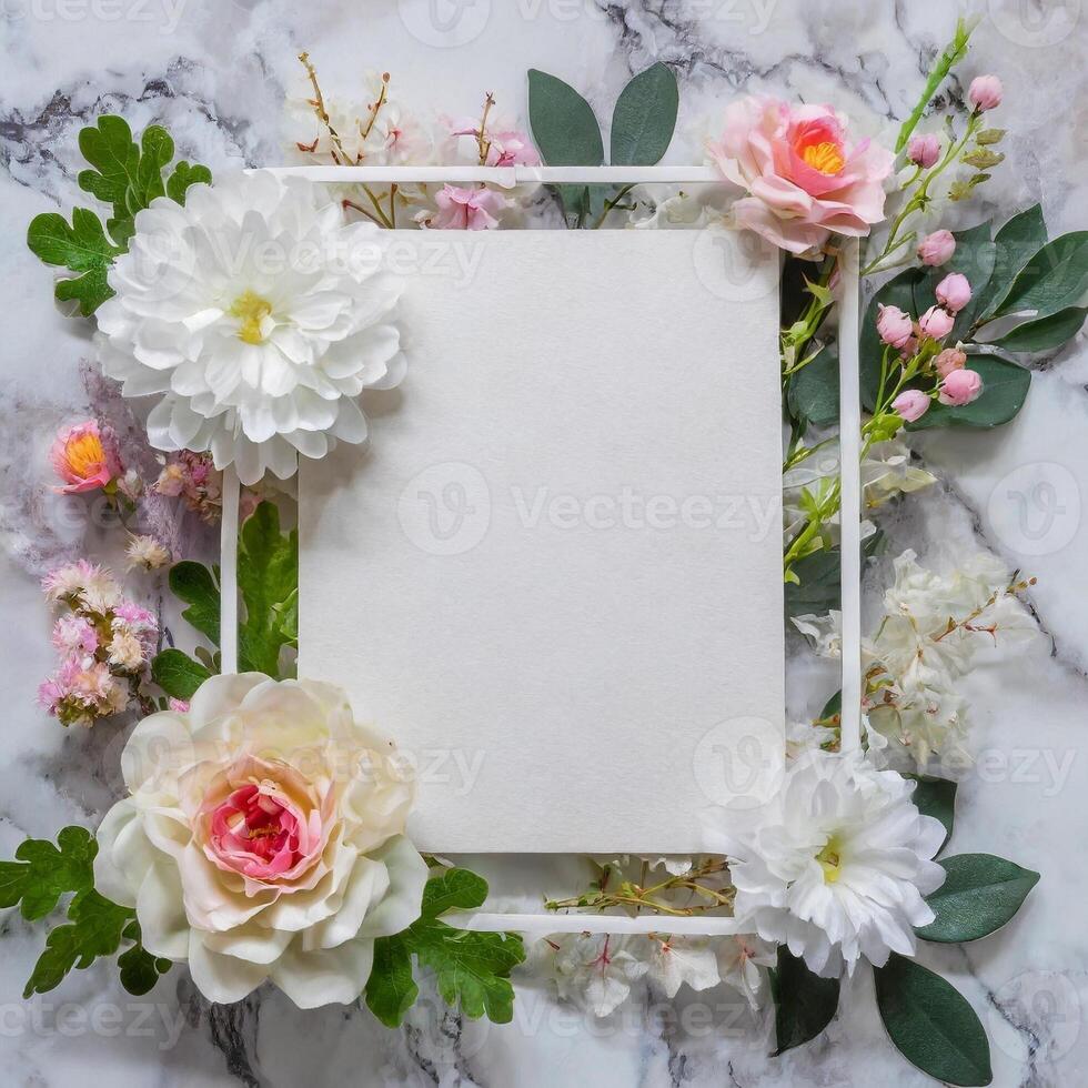 ai generado floral Boda invitación tarjeta Bosquejo, plano laico vacío marco, blanco papel con floral foto