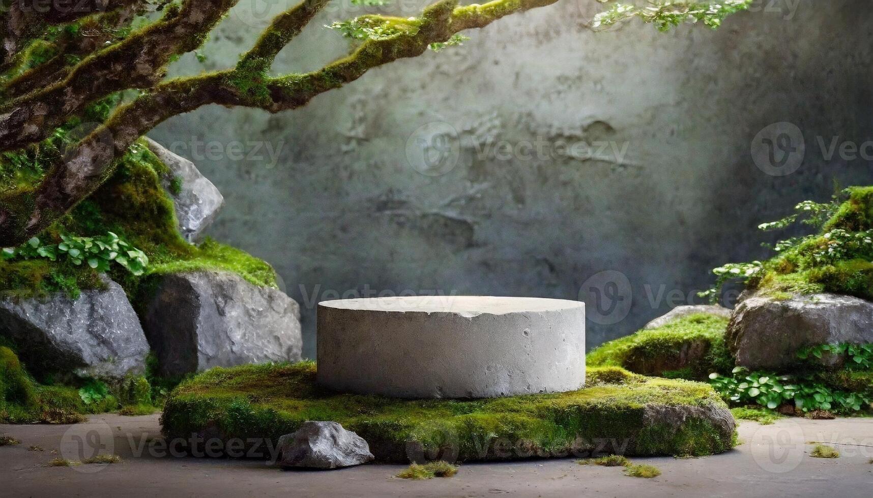 AI generated Stone Podium with Moss Background for Product Showcase mockup, empty product display podium podium photo