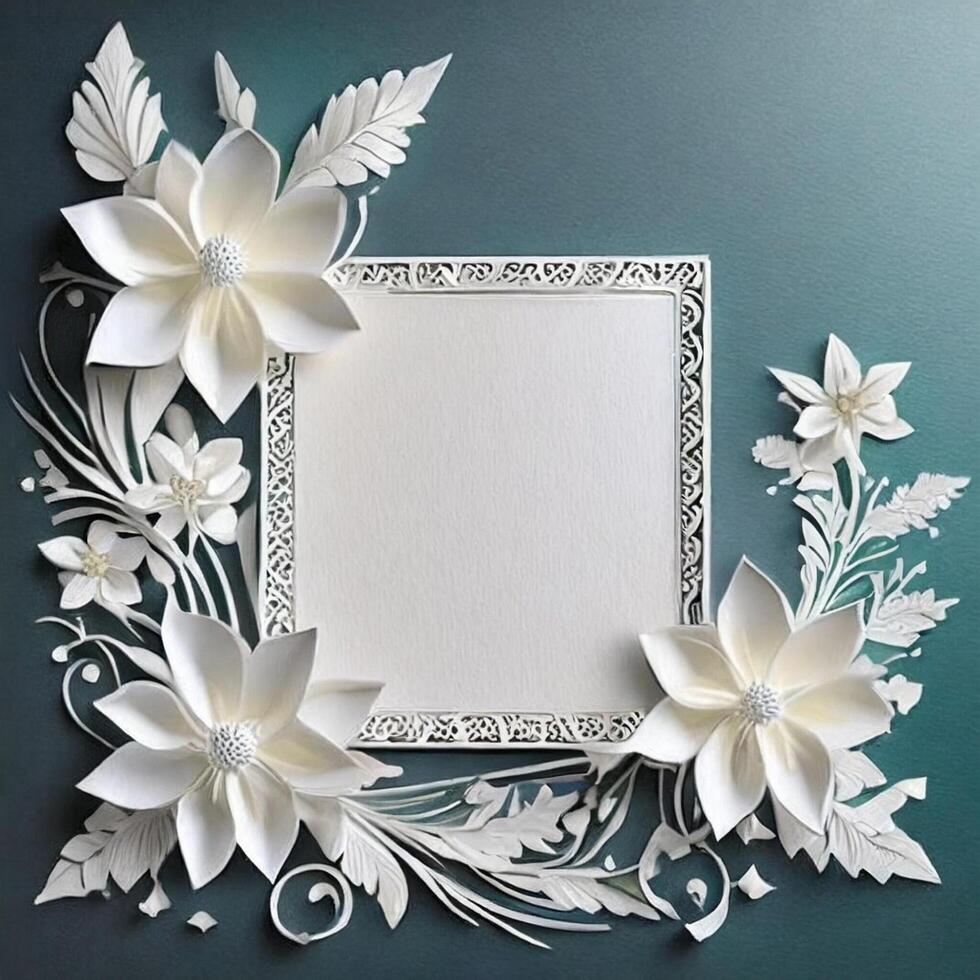 AI generated Floral Wedding Invitation flat lay mockup, blank frame with flower template photo