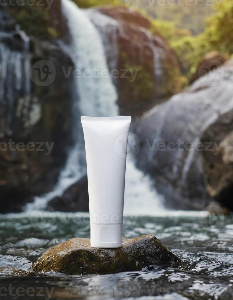 AI generated Blank Cosmetic Tube mockup by a Waterfall photo