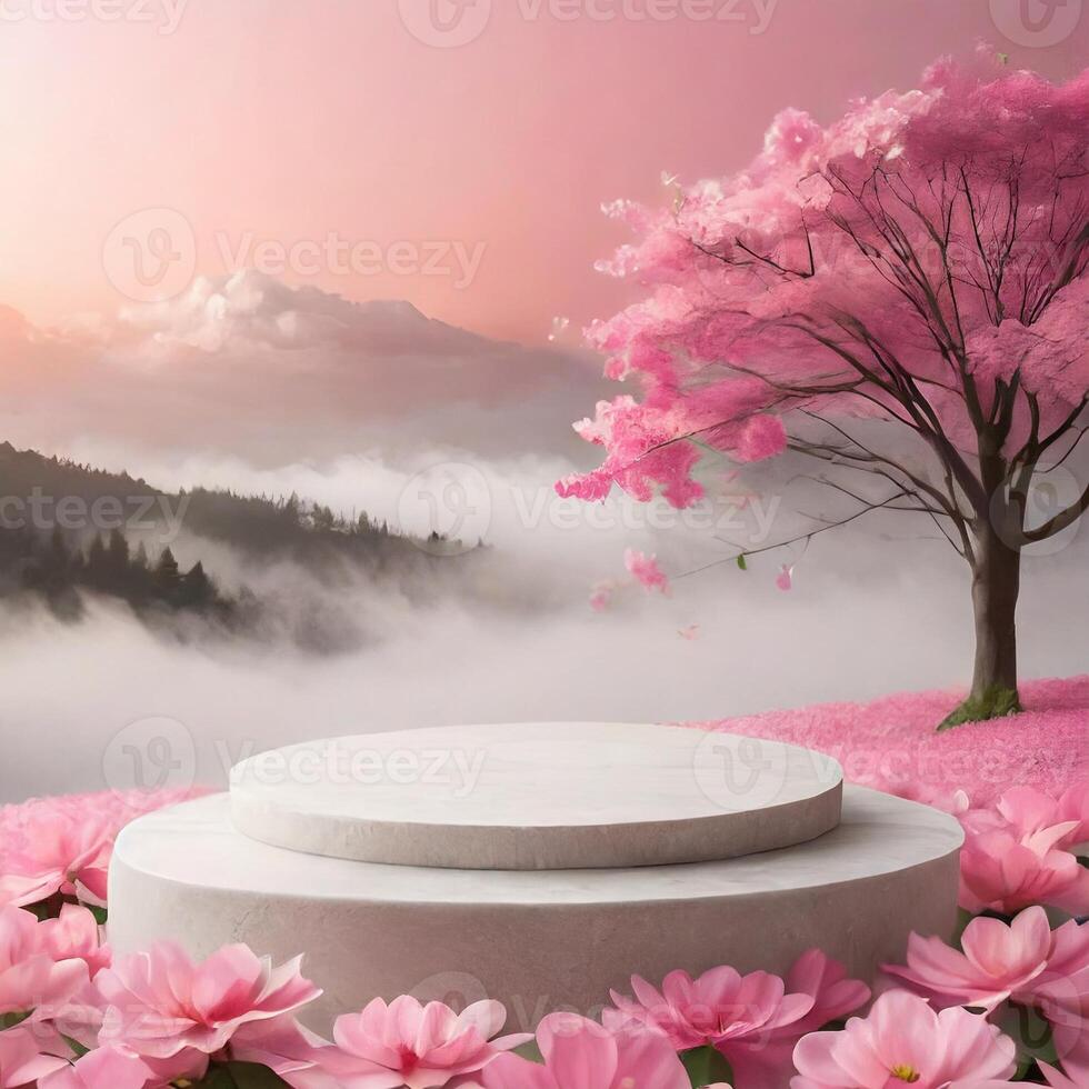 AI generated Dreamy Podium mockup with Flowers, Trees, and Fog for Product Display photo