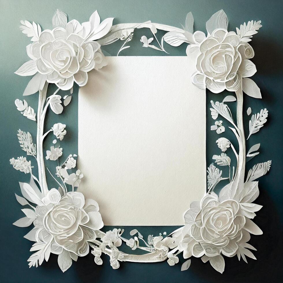 ai generado floral Boda invitación plano laico Bosquejo, blanco marco con flor modelo foto