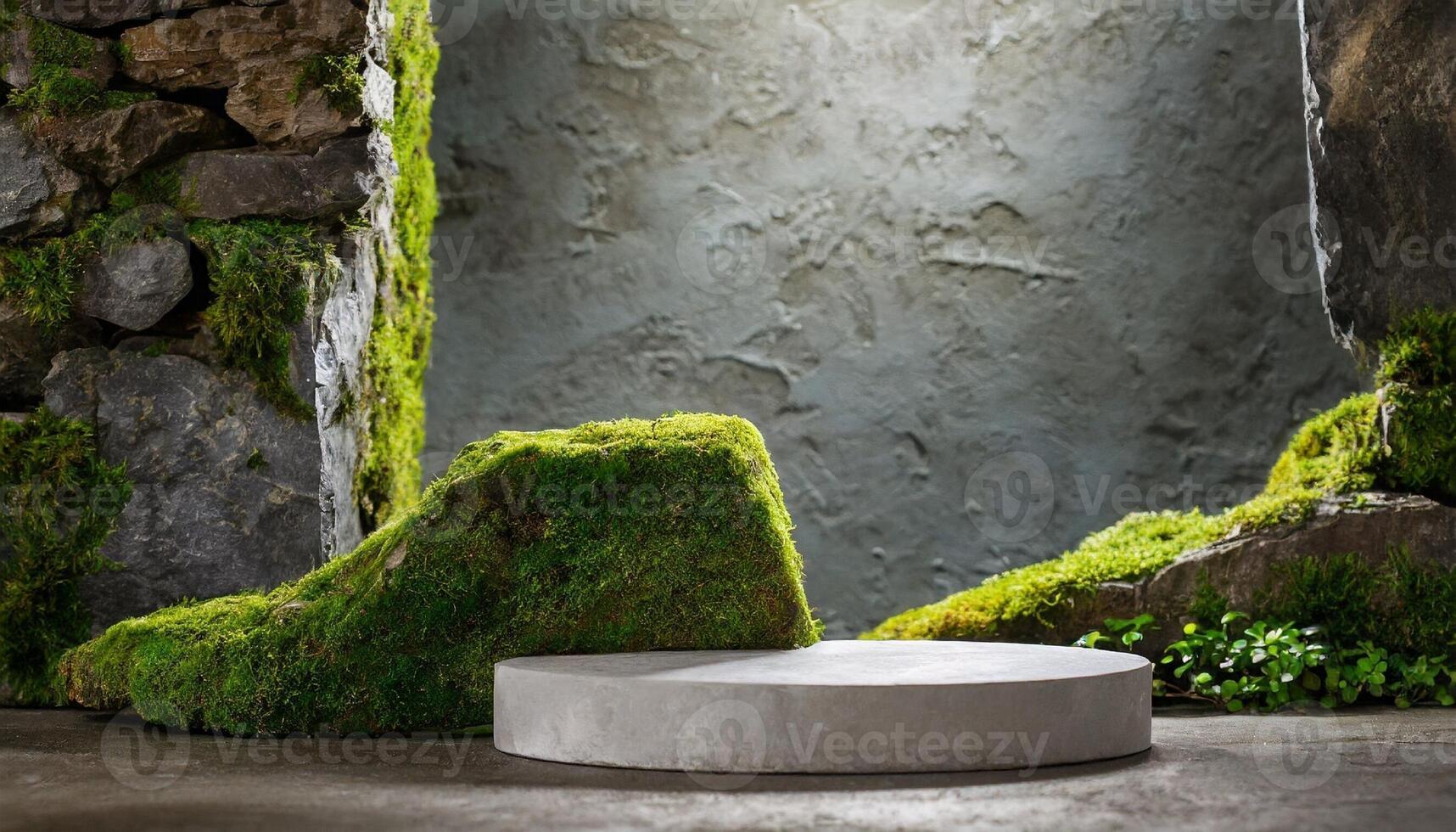 AI generated Stone Podium with Moss Background for Product Showcase mockup, empty product display podium podium photo