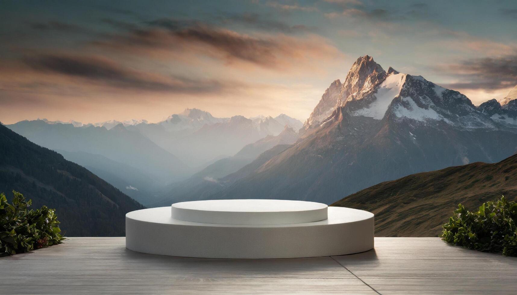 AI generated Product Showcase Podium mockup with Stunning Snowy Mountain Landscape photo