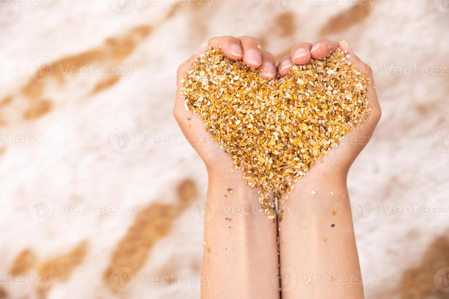 Soft heart shapes of female hands over a beach full of sand. Symbol of love for the sea photo