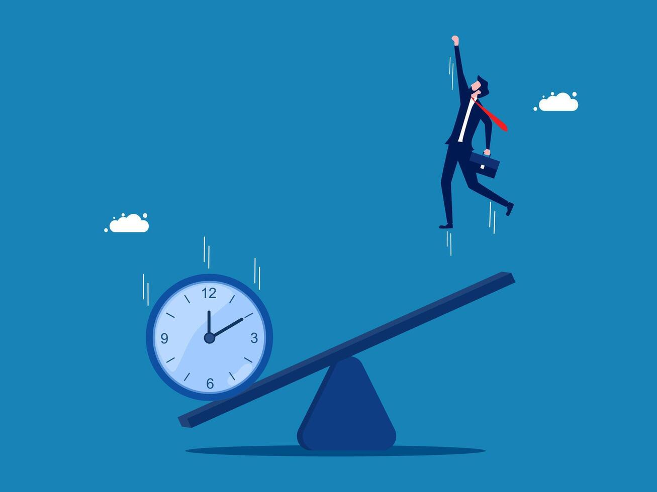 Clock falling on a seesaw to help businesswoman jump high vector