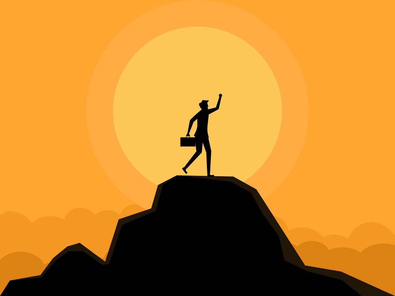 Man happy to succeed in climbing a mountain. Vector