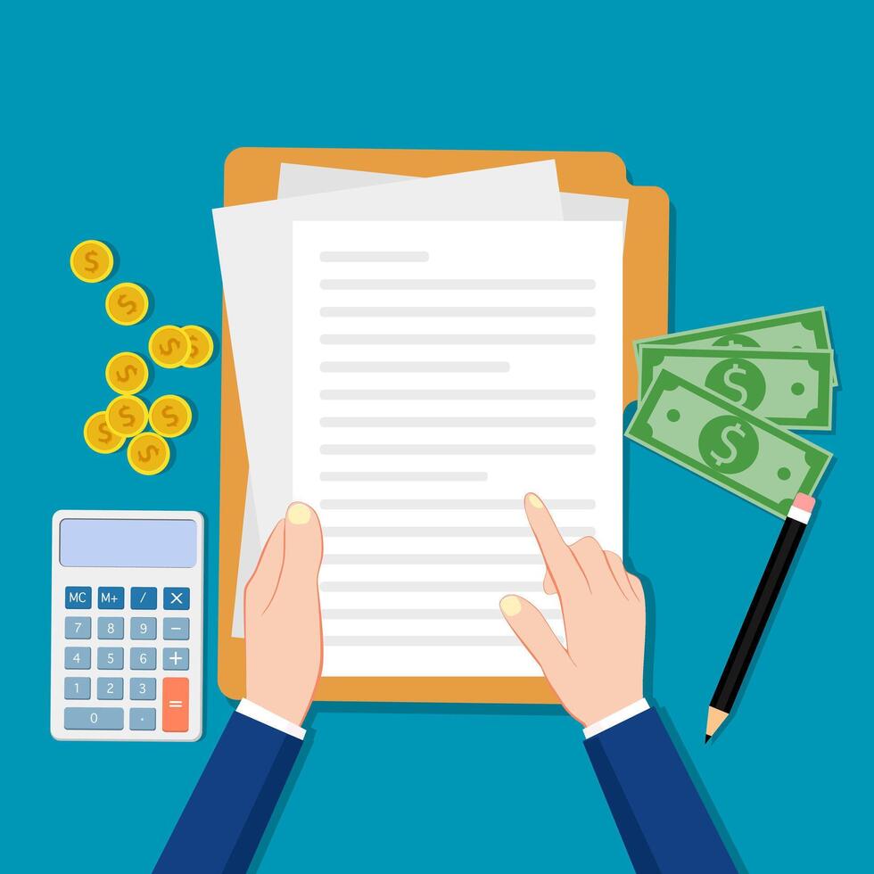 Businessman checking financial documents. Calculator with cash and pencil vector