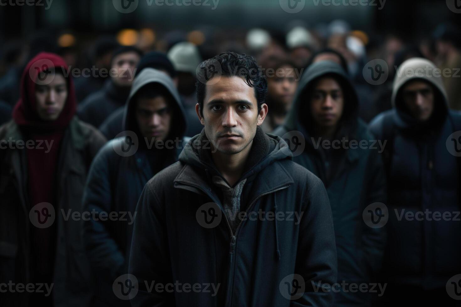 AI generated Crowd of sad serious people in outerwear standing on street, an adult man looking at camera photo