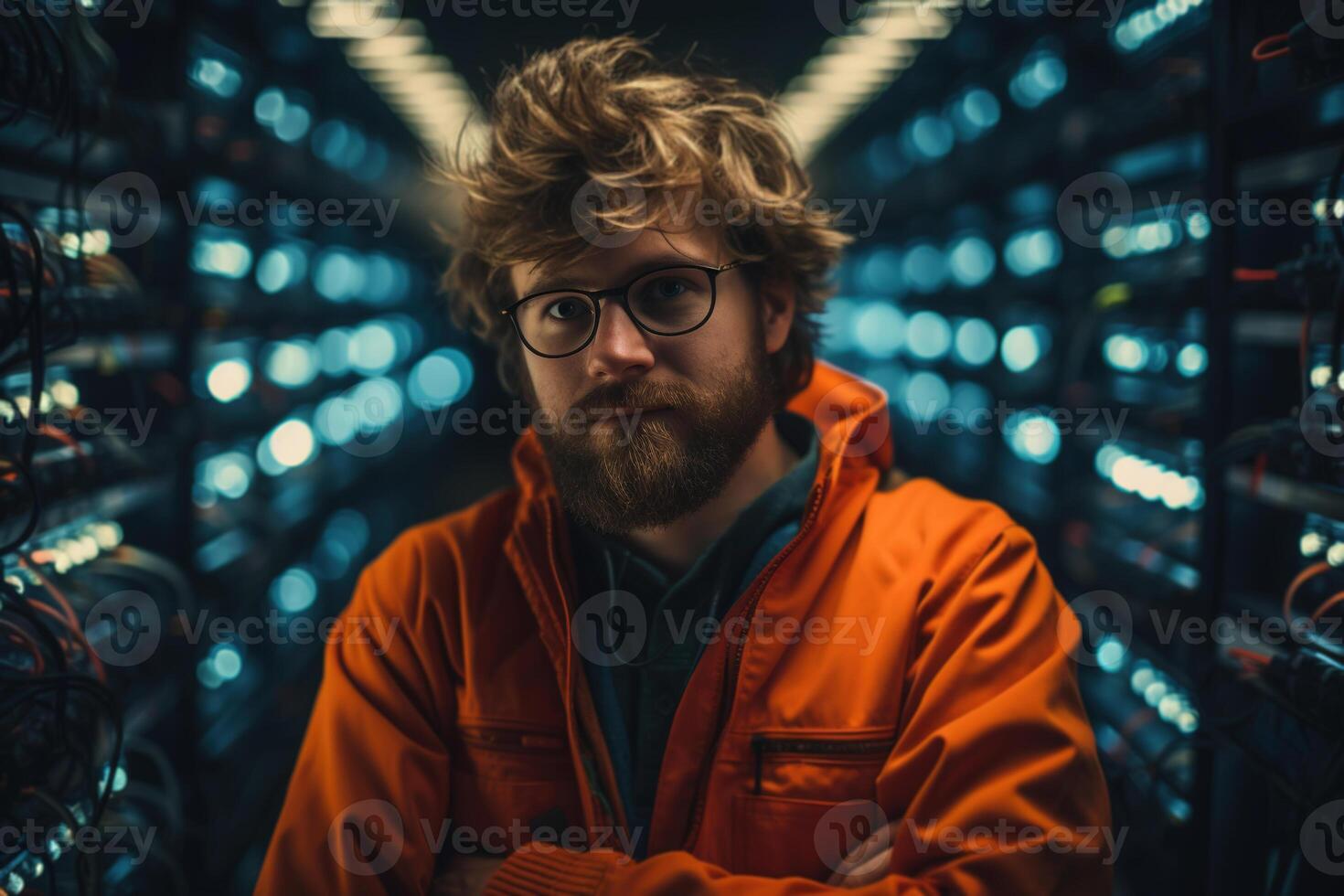 AI generated Programmer, male engineer specialist in glasses standing in a high-tech server room and looking at camera photo