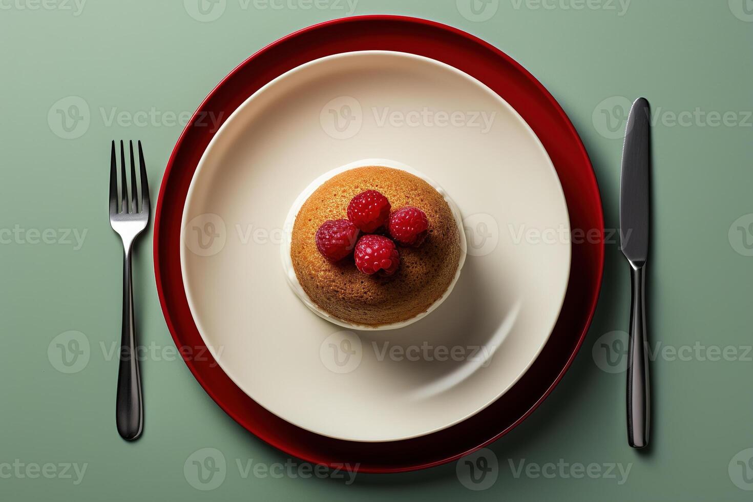 AI generated Diet concept. Top view one muffin with berries on a plate with a fork and knife photo