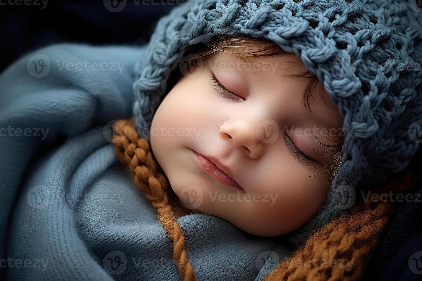 ai generado linda dormido caucásico recién nacido bebé en un de punto gorra foto