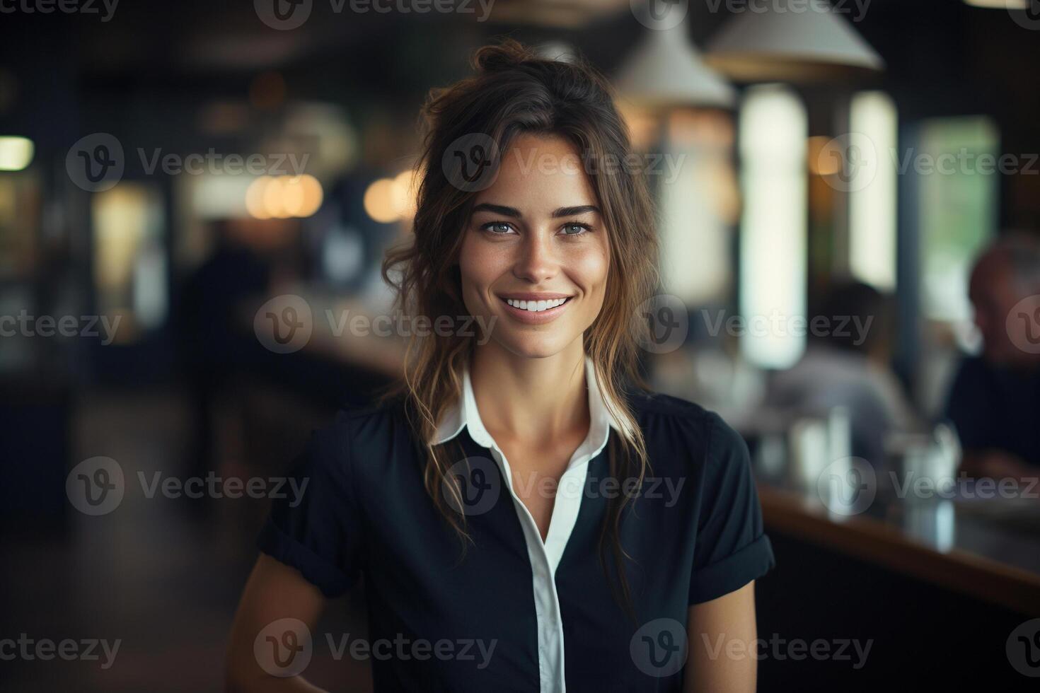 AI generated Positive waitress in cafe, smiling pretty young woman staff standing in cafeteria and looking at camera photo