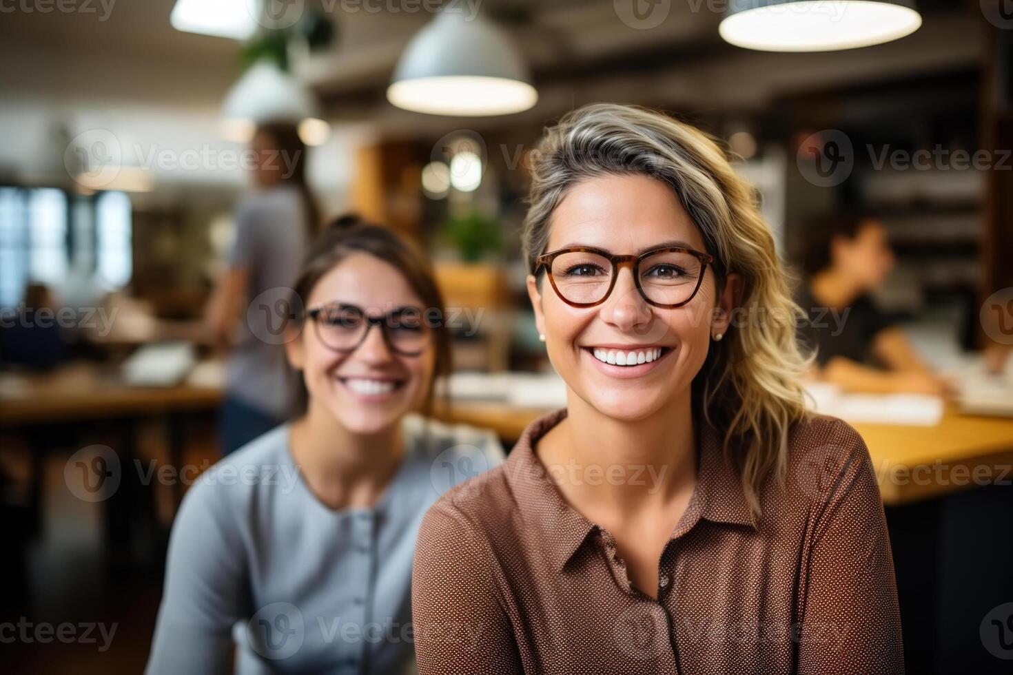 AI generated Teacher and student at university library, studying. Portrait of smiling woman indoors, selective focus on middle-aged woman in glasses photo