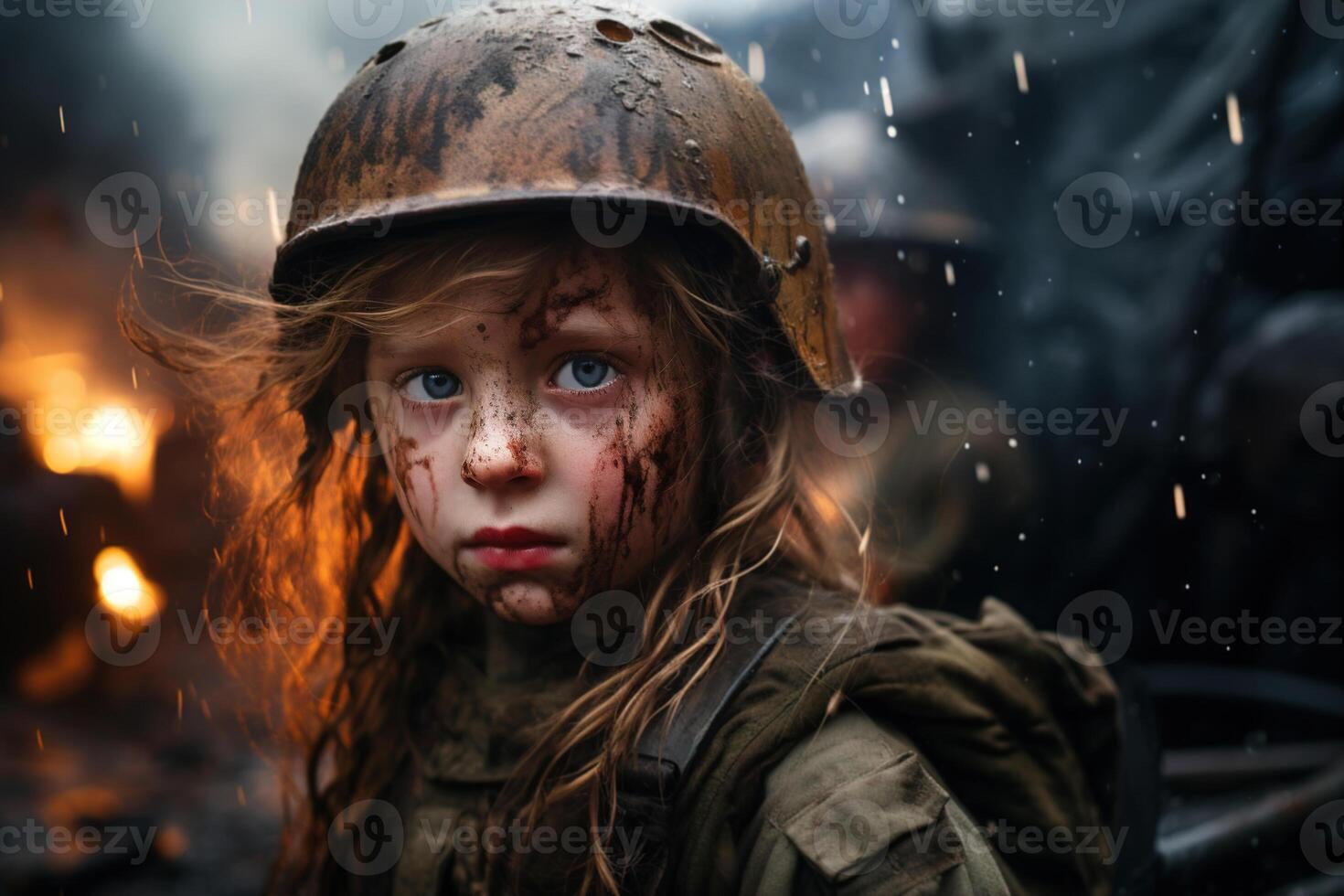 ai generado niño de guerra, un pequeño grave niña en un sucio militar casco en pie en calle y mirando a cámara foto