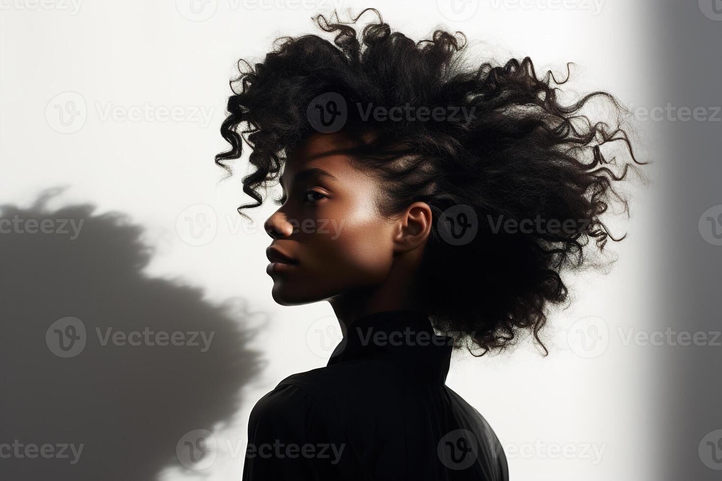 AI generated African American female fashion portrait, beautiful young woman model with afro hairstyle on a white background with shadows looking away. photo