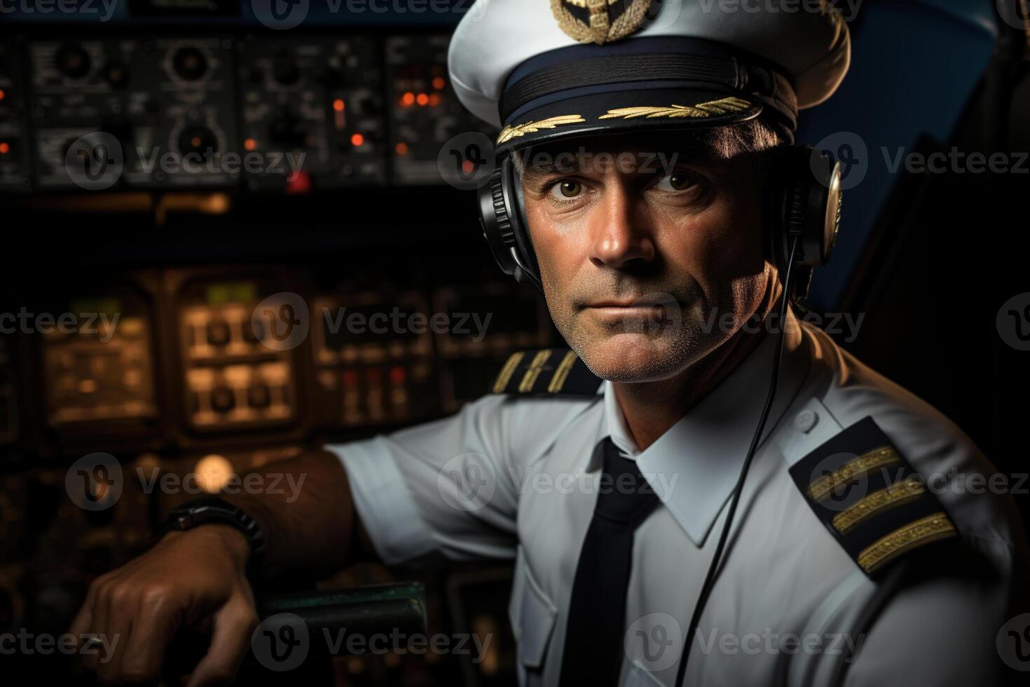 AI generated Portrait of an adult male pilot in headphones and uniform sitting at computer inside plane and looking at camera photo