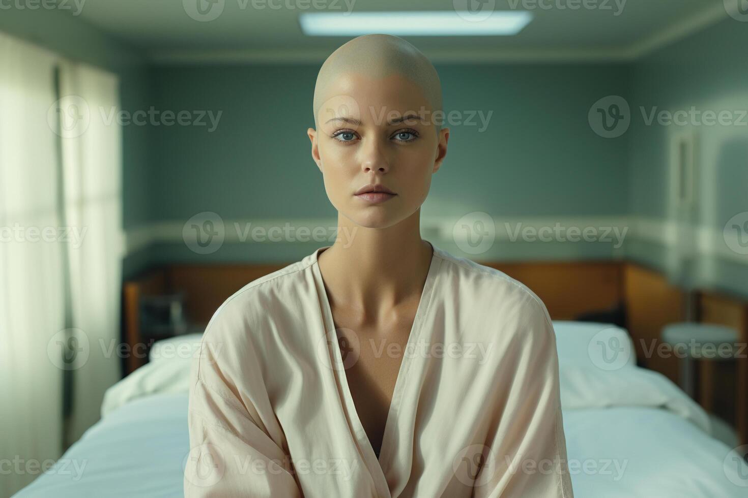 AI generated Portrait of a beautiful pretty young bald woman in a hospital room looking at camera. Oncology, cancer disease concept photo