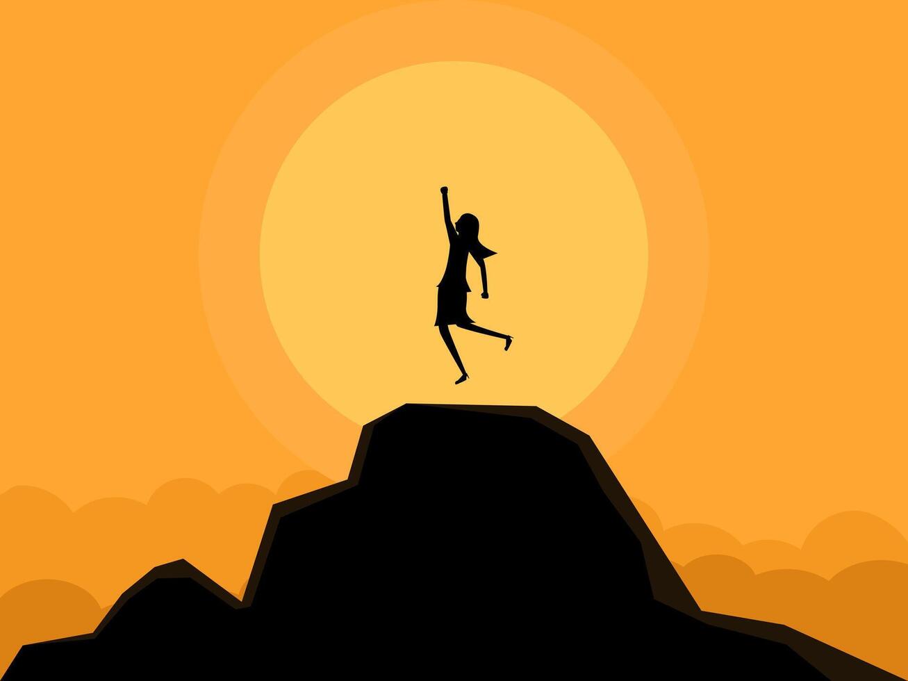 mujer saltando con alegría en parte superior de montaña. vector