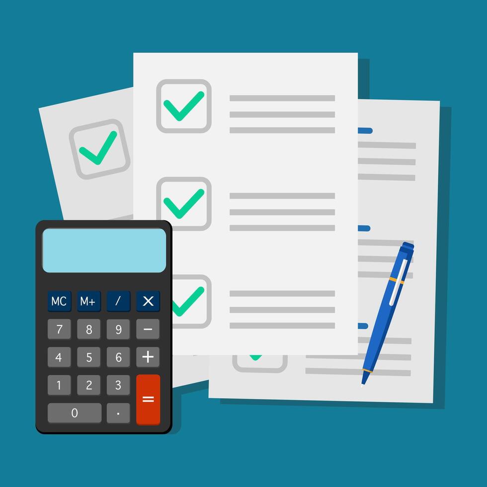 cheque Nota papel y bolígrafo con calculadora vector