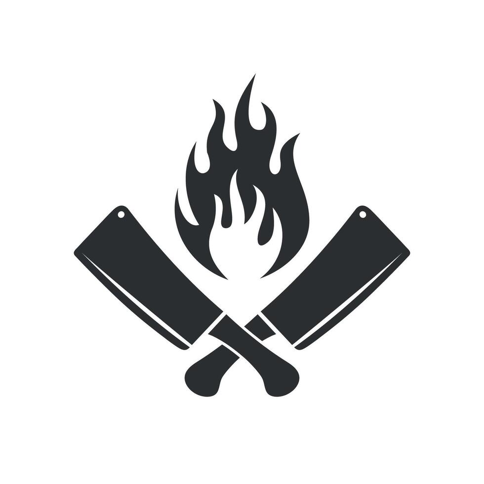 Grill Restaurant, Butcher Knife and Fire Icon Logo Vector Illustration Design