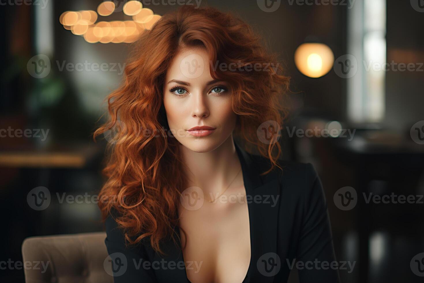 AI generated Sexy woman in a restaurant, beautiful successful confident red-haired lady in a suit sitting at a table and looking at camera photo