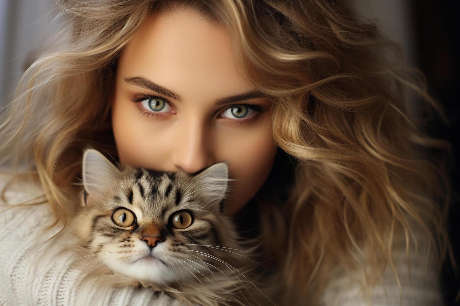 AI generated Beautiful young woman in warm sweater hugging cute fluffy cat, owner with her pet indoors. Close-up, selective focus on animal photo