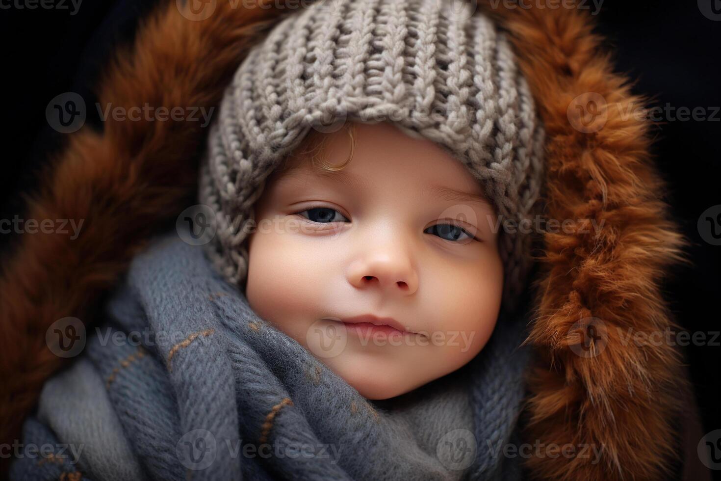 ai generado linda soñoliento caucásico recién nacido bebé vistiendo un de punto gorra y envuelto en un piel cobija mirando a cámara, niño retrato foto