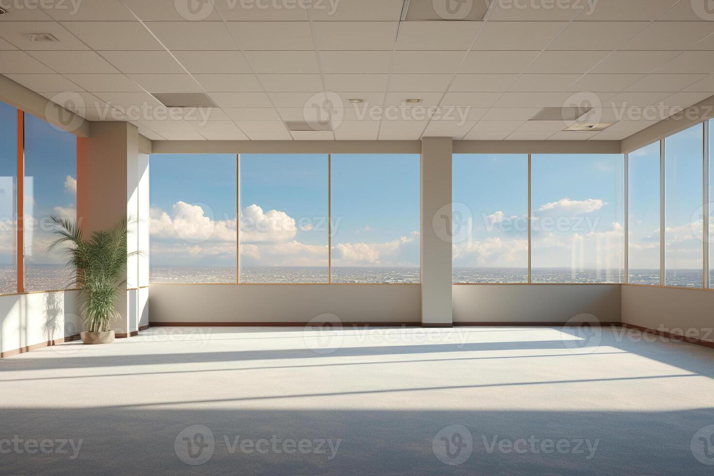 AI generated Real estate rental office, empty studio room with panoramic windows photo