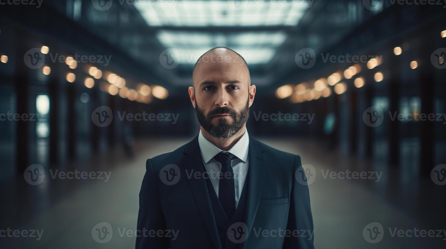 AI generated Strict successful adult bald businessman investor in suit indoors looking at camera, male business portrait photo