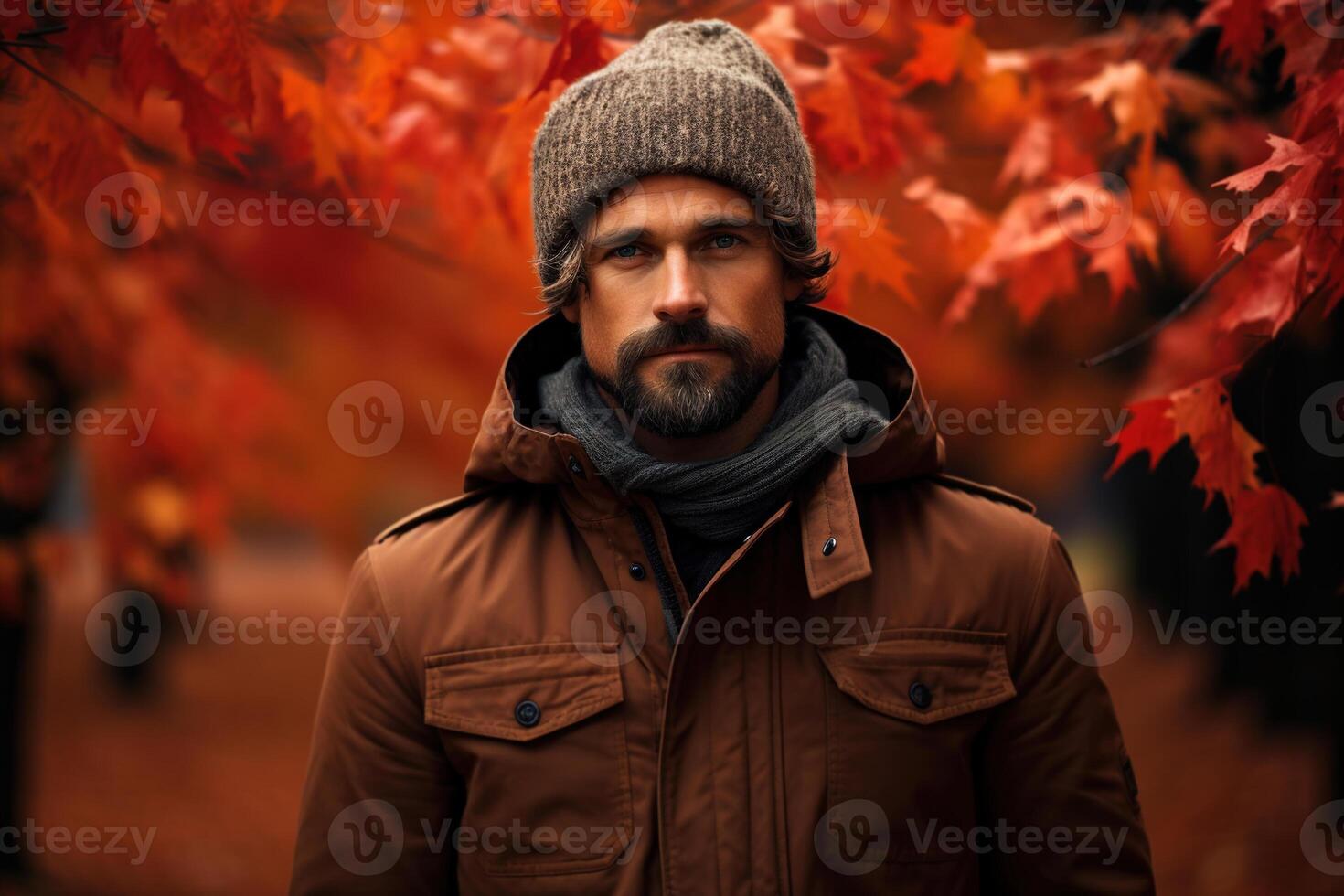 AI generated Caucasian bearded man in a hat and jacket in an autumn park looking at camera photo
