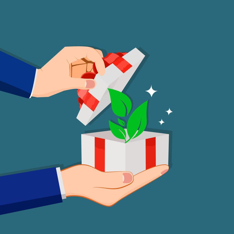 businessman opens a gift box with leaves. tree conservation concept vector